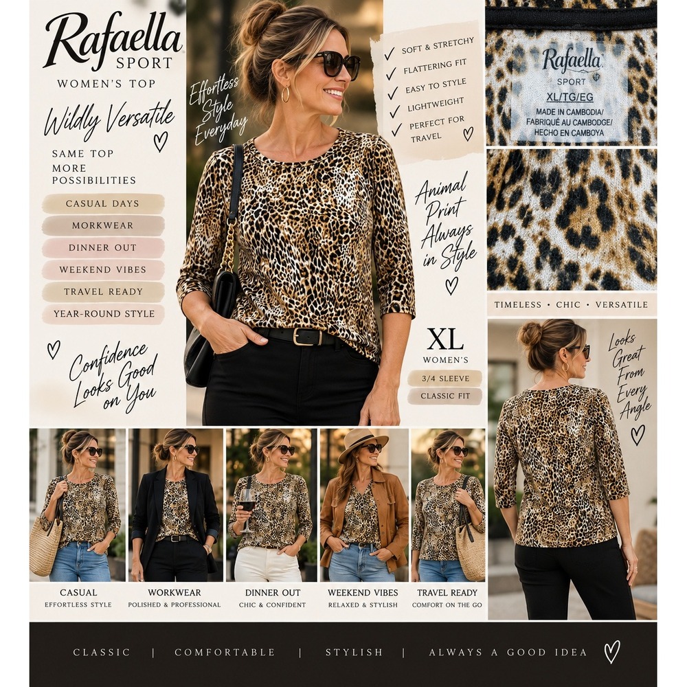 Rafaella Sport Women XL Leopard Print 3/4 Sleeve Mob Wife Animal Brown Black